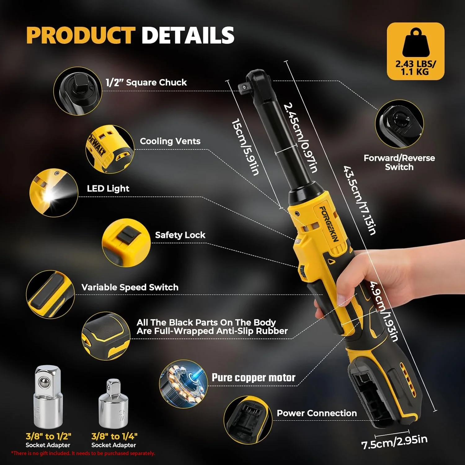 1/2 inch Cordless Ratchet Wrench Upgraded Extended Head Removal Screw Nut Electric Driver Power Tools for Dewalt 20V Battery pin