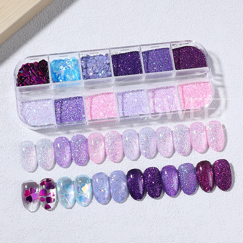 12 griglie serie viola glitter per unghie olografico zucchero scintillante polvere per unghie cuore misto scaglie esagonali decorazione manicure lucida