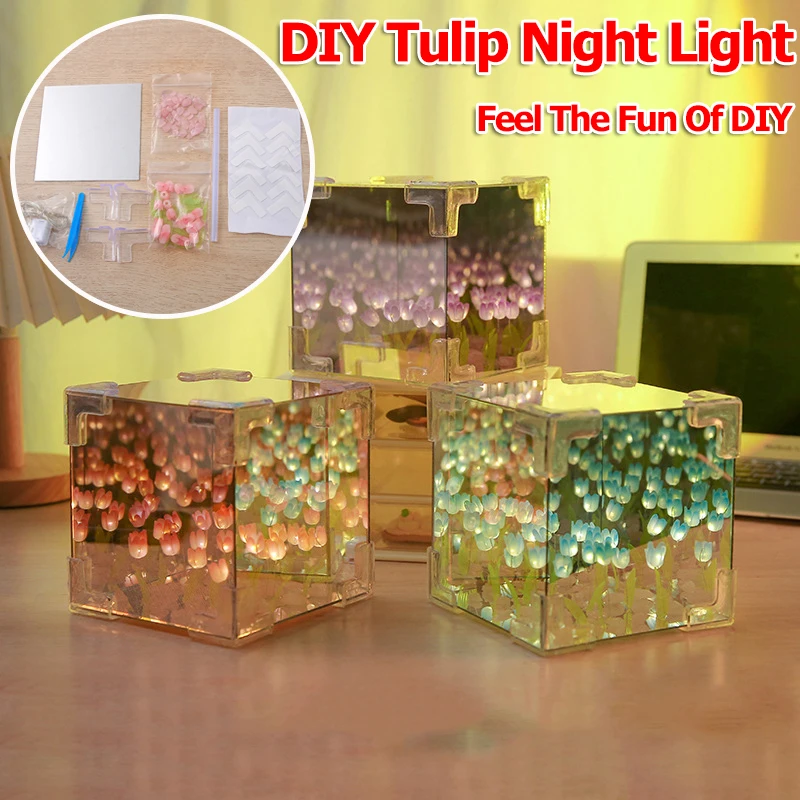 

DIY Tulip Night Light Luminous Ornament Mirrors Simulation Flower Light INS Decor LED Table Lights Desktop Mirror Light Gifts