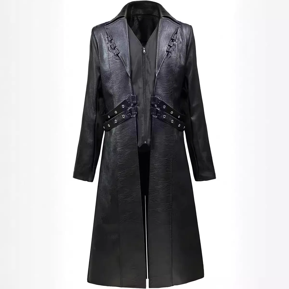 New Steampunk Gothic Mid Length PU Leather Trench Coat Men Metal Ring Buckle Decoration Outerwear