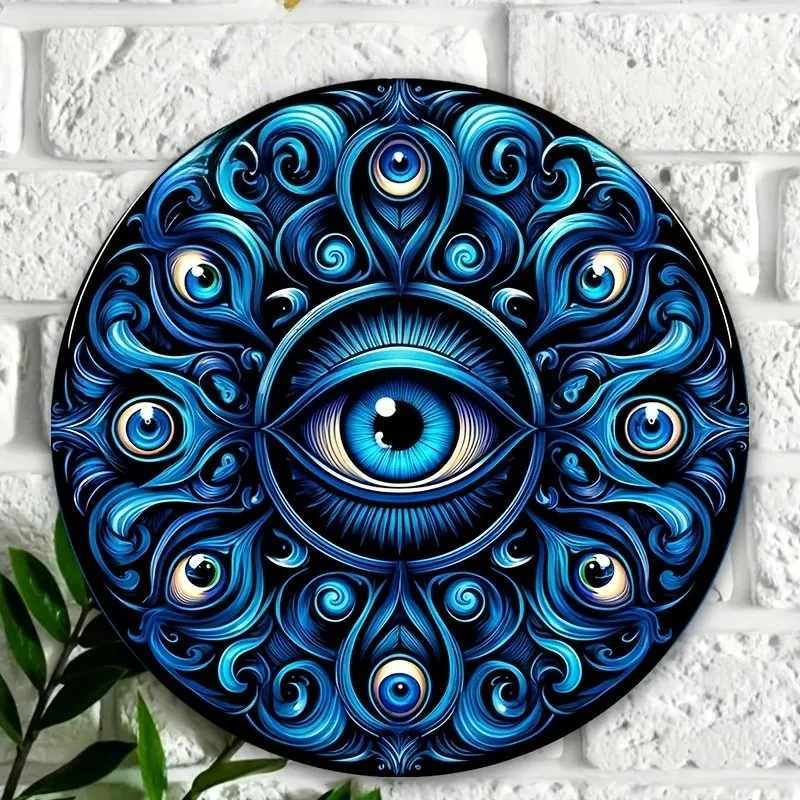 2D Flat Print Evil Eye Metal Sign, Vintage Round Blue Turkish Eye Wall Art Plaque, Mystic Ornate Mandala Home Decor Tin Sign