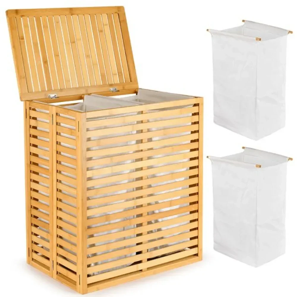 

Bamboo Laundry Basket with Lid, Foldable Laundry Basket, Laundry Sorting Machine for Bathroom, Bedroom