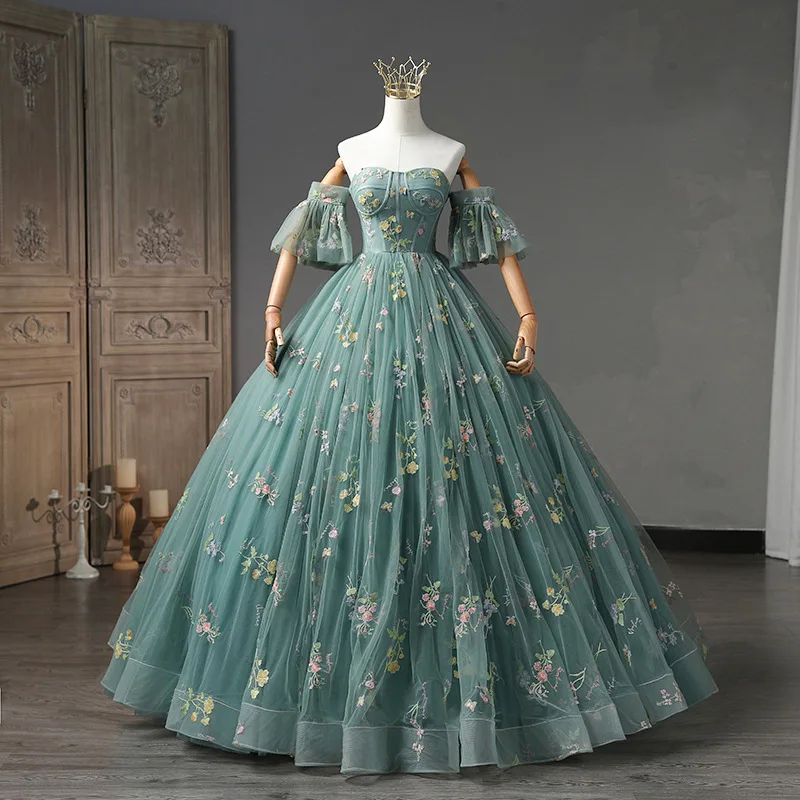 Robe de soirée en tulle à épaules dénudées avec poignées amovibles, robes de Quinceanera élégantes personnalisées, longueur au sol, bleu, ligne A