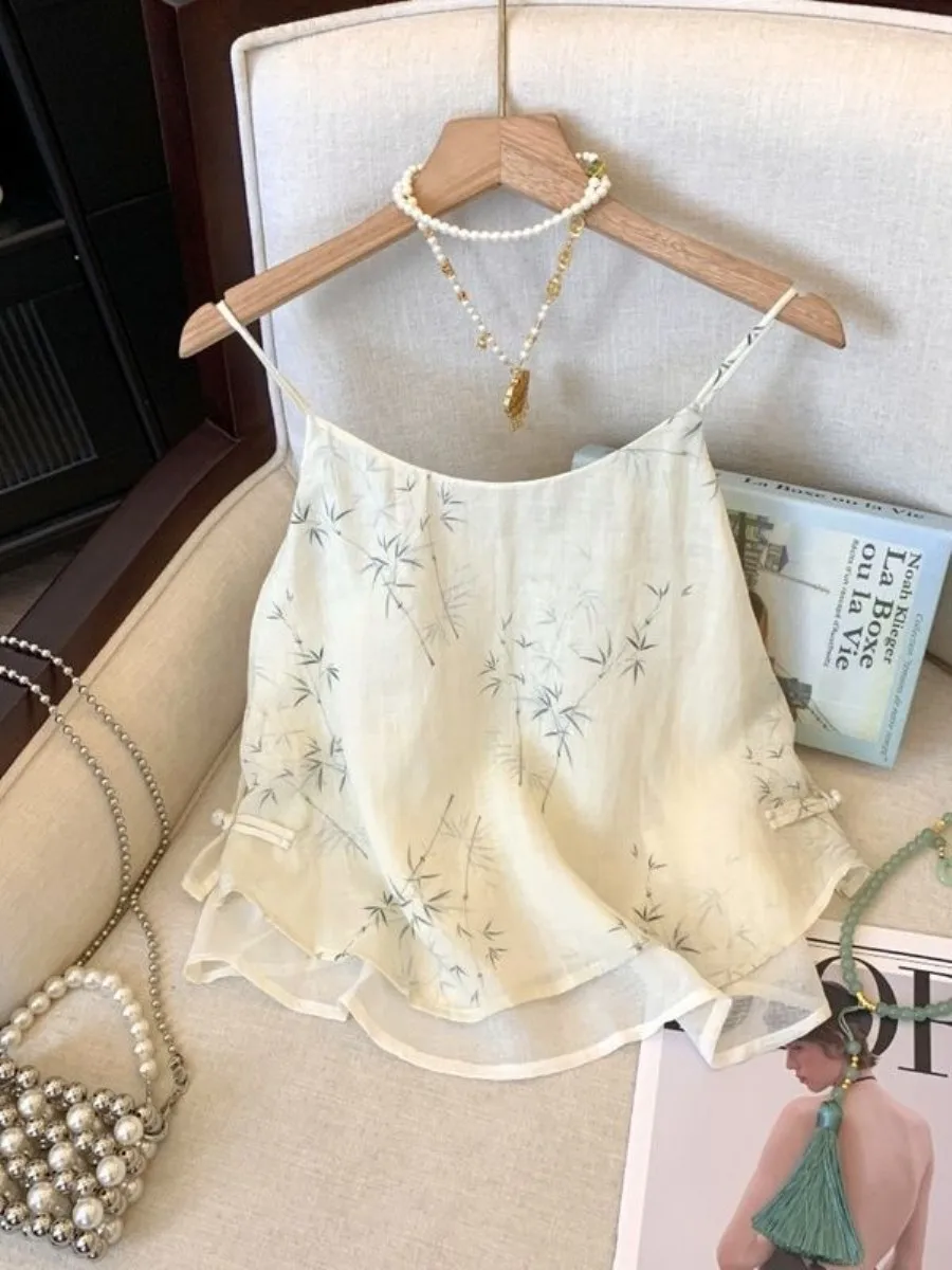 新しい中国風の女性用ノースリーブベスト薄い竹の葉の花柄プリントツーピースセット優しいおとぎ話の服2026年春