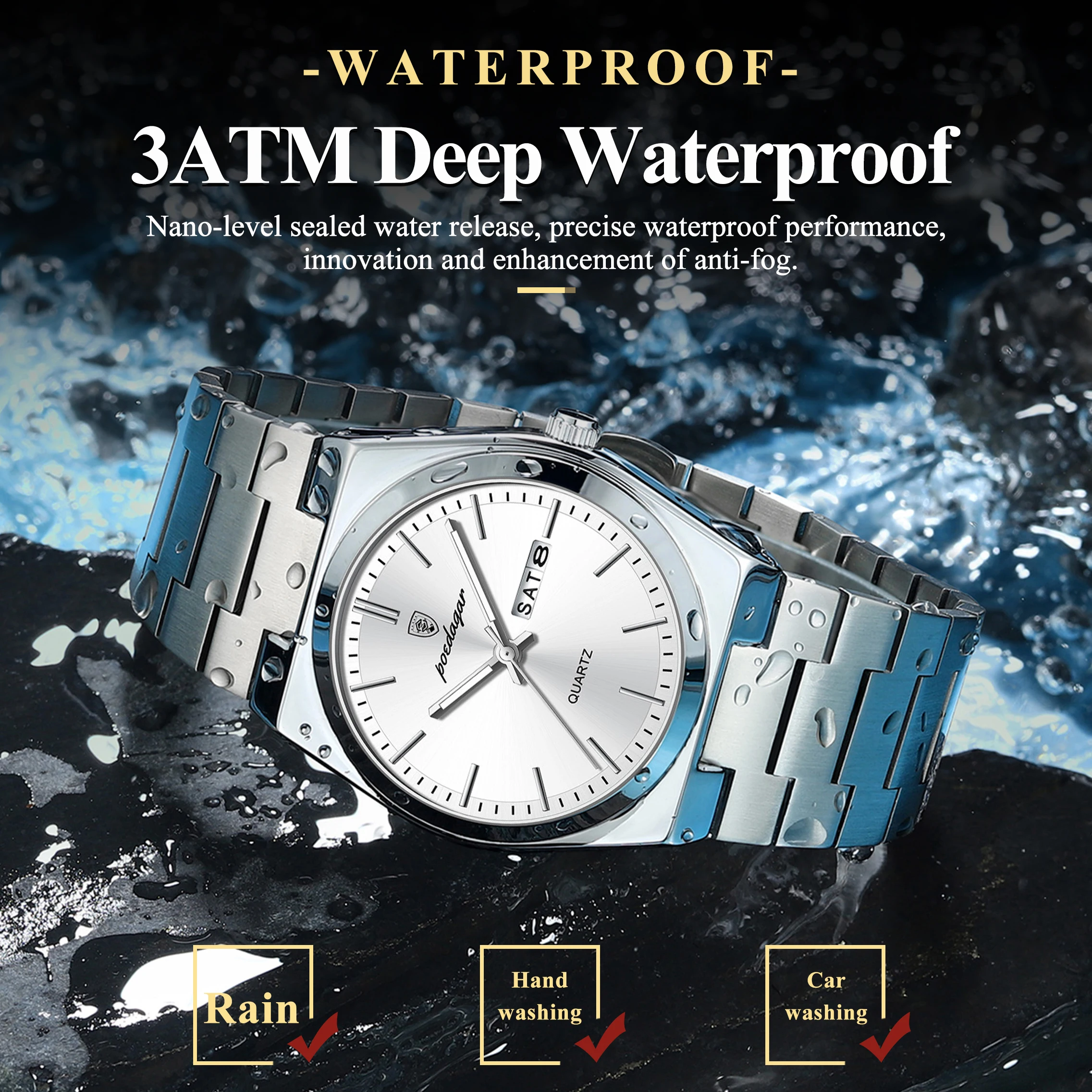 POEDAGAR Luxury Business Man Wristwatch Waterproof Luminous Stainless Steel Men Watch Date Week Fashion Quartz Men's Watches+Box