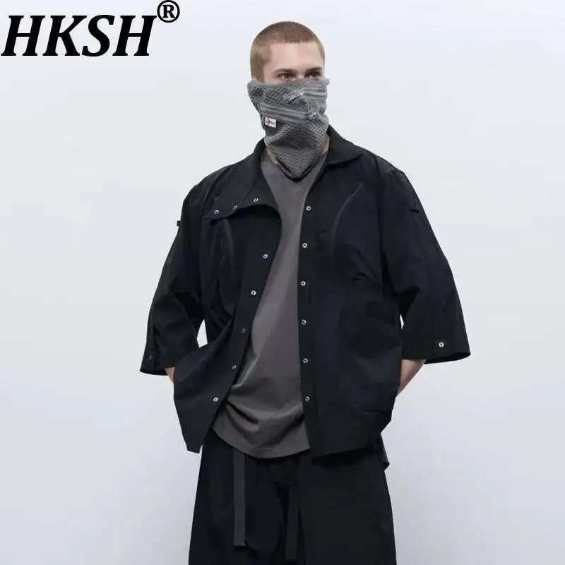 HKSH Spring Summer New Men's Tide Dark Chic Ins Left-collar Diagonal-Neck Four-button Mid-Length Sleeve Quick-Dry Shirt HK26468