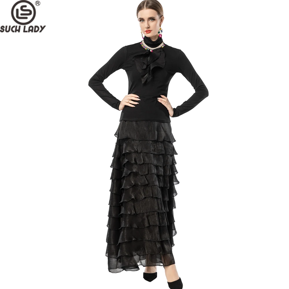 Women's Ruffled High-neck Long Sleeve Two piece Dress Set, Asymmetric Tiered Maxi Skirt & Fitted Top, Elegant Party Outfit