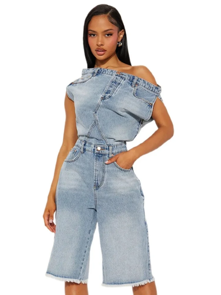 

Wmstar Jumpsuits Rompers Wholesale New European American Casual Fashion Strapless One Shoulder Slimming Denim Summer 2025