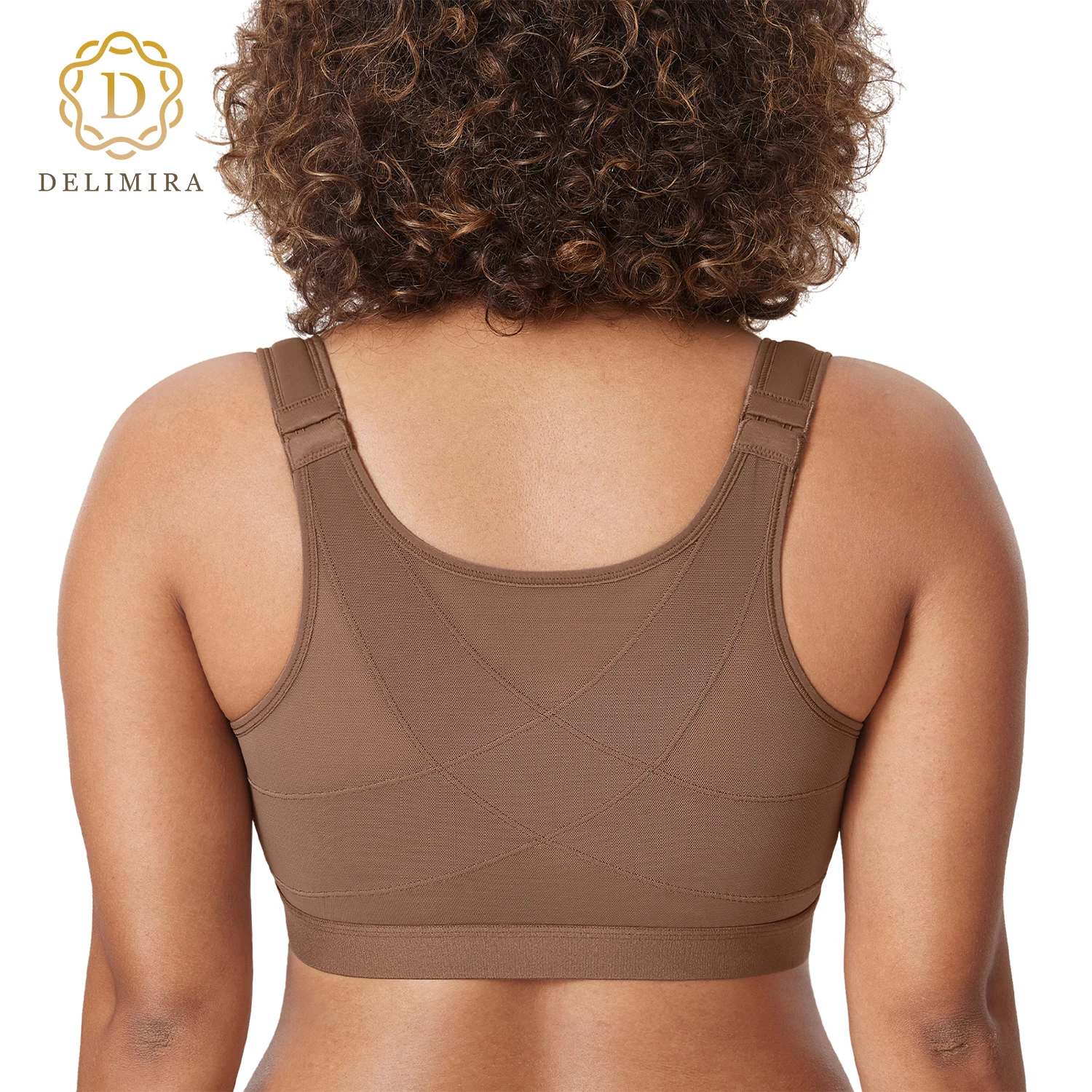 DELIMIRA Women's Full Coverage Front Closure Wire Free Back Support Posture Bra D DD E F G