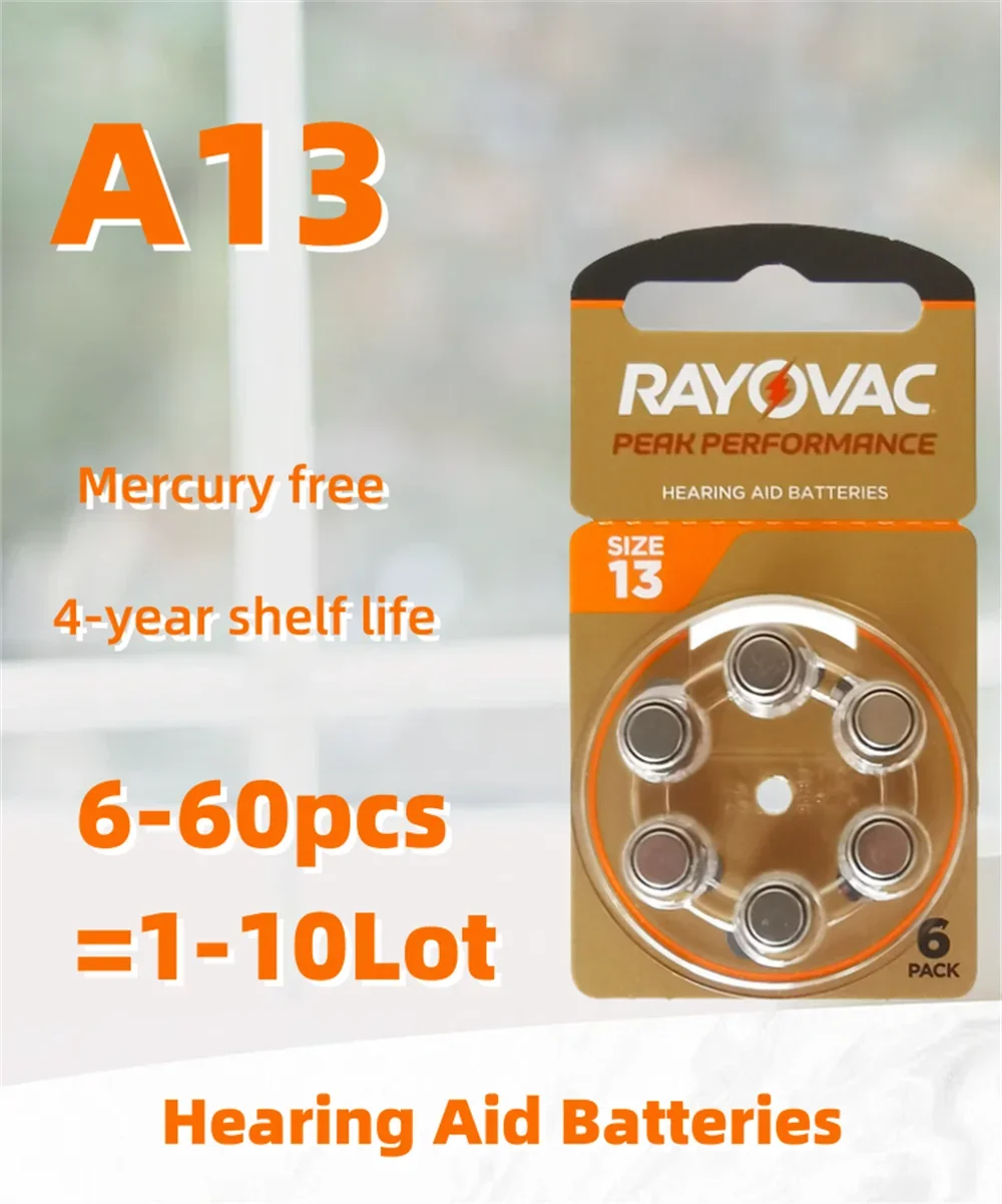 Hearing Aid Batteries 6-60 PCS 1-10 Cards Zinc Air 1.45V Rayovac Peak A13 13A 13 P13 PR48 Hearing Aid Battery For Hearing Aids