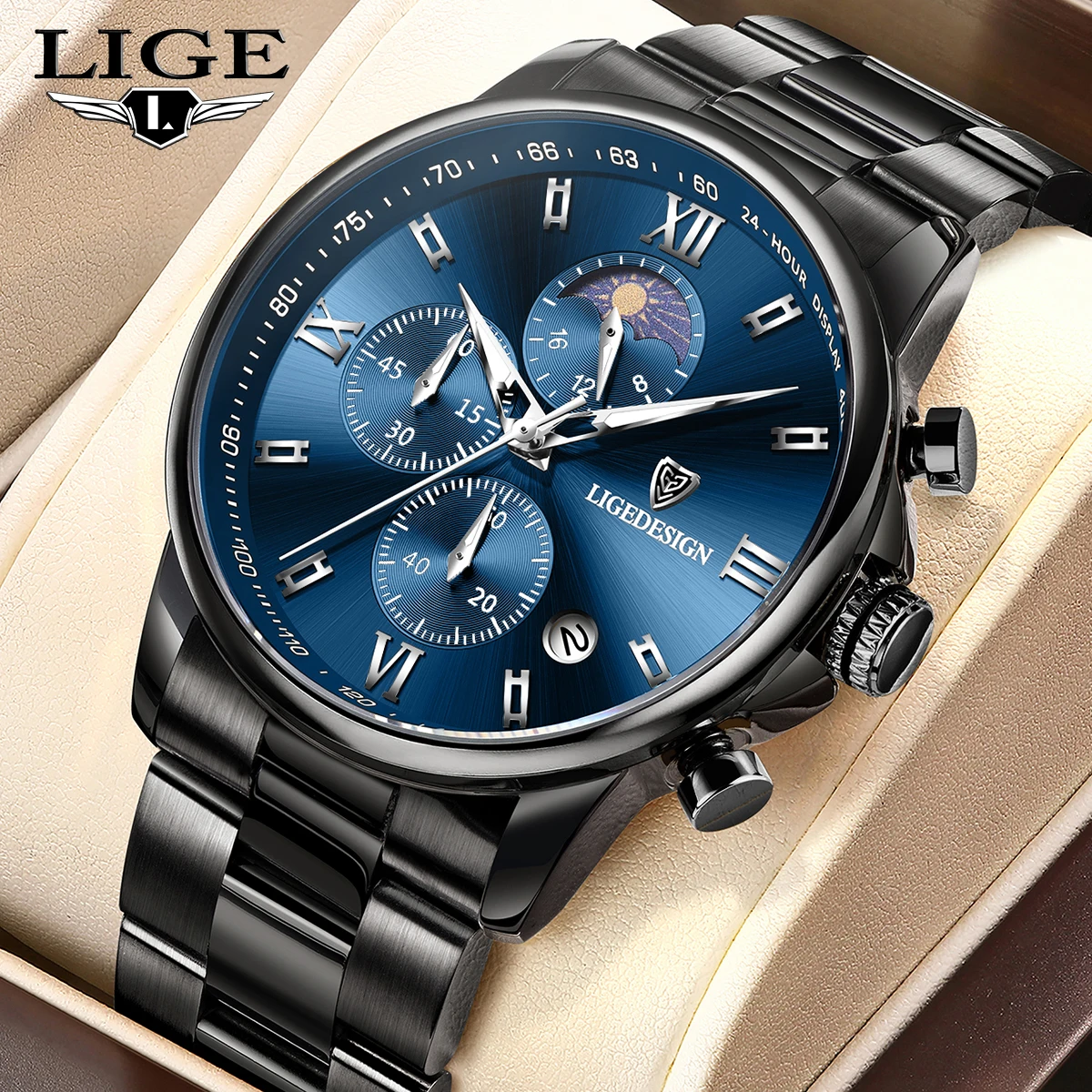 

LIGE 2026 men's watch business moon phase chronograph clock calendar waterproof quartz wristwatch sports Man watch reloj hommes