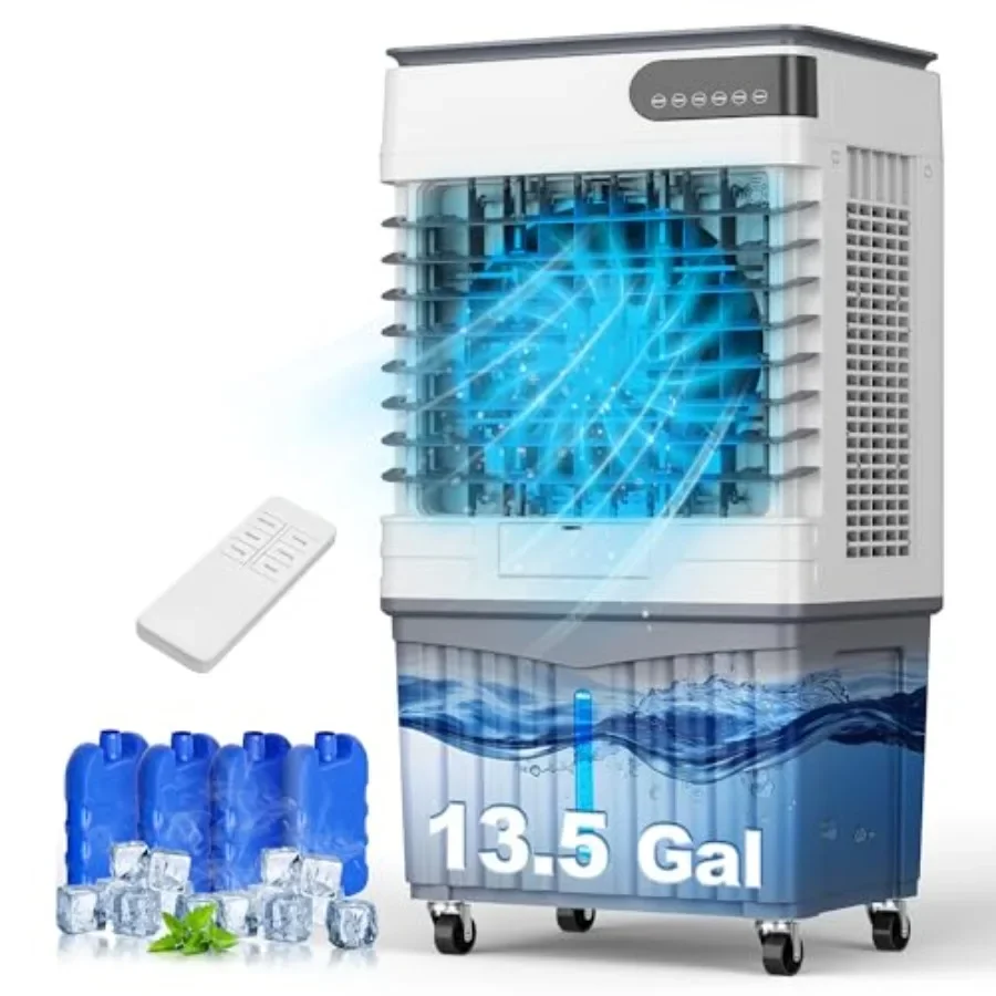 Swamp cooler for bedroom indoor use, plastic housing, gray color, 3400 CFM airflow with 13.5-gallon tank and 4 ice packs