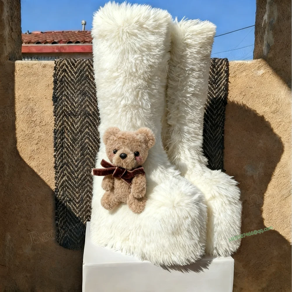 

White Plush Bear Decor Fur Boots Mid Calf Wedges High Heel Shoes Round Toe Novel Style Women Shoes New Zapatos Para Mujere