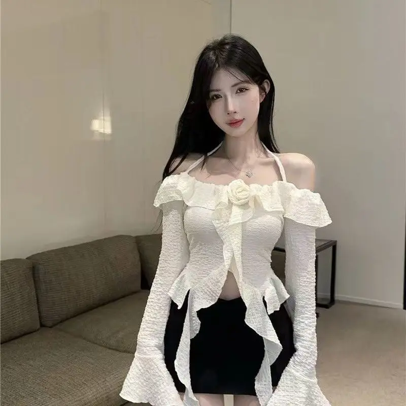 French Style One Collar Tied Neck Top New Long Sleeved Sexy Lotus Leaf Flower Off Shoulder Style