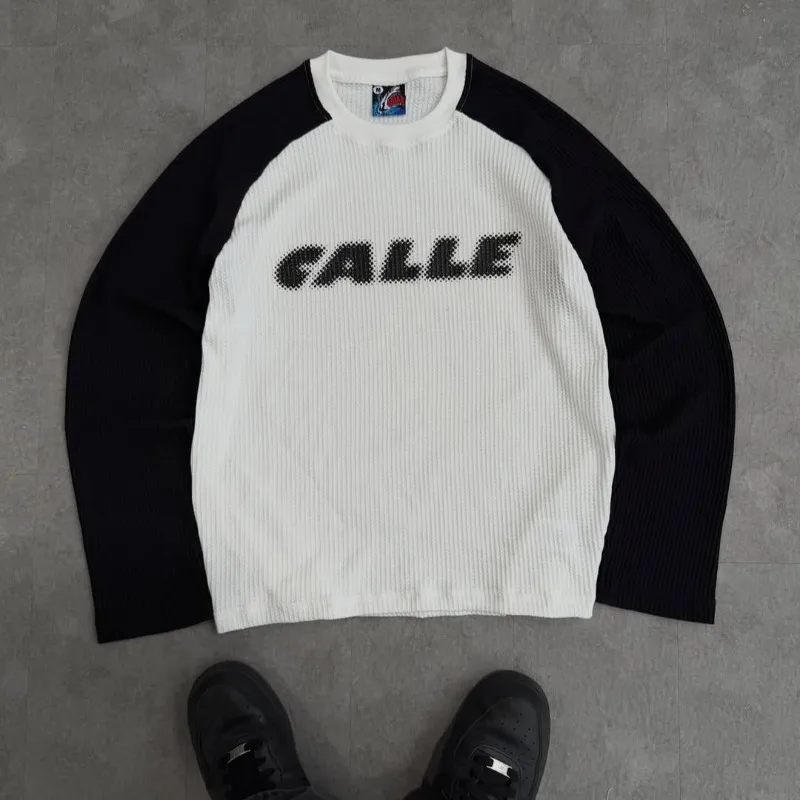 

Ретро-футболка Y2K с длинным рукавом, вязаная вафельная ткань, рукава реглан, унисекс, с логотипом акулы, повседневная, оверсайз, уличный стиль, свободный крой