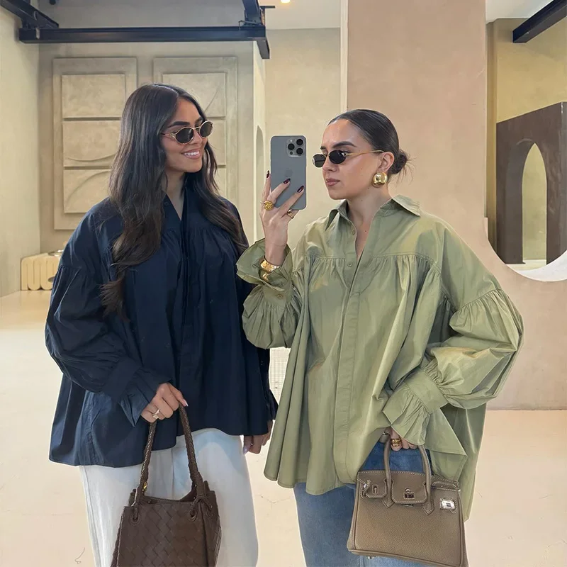 

Women's Casual Loose Shirt Lantern Sleeve Pleated Blouse with Turn-Down Collar Spring Summer Green Button Top for Women
