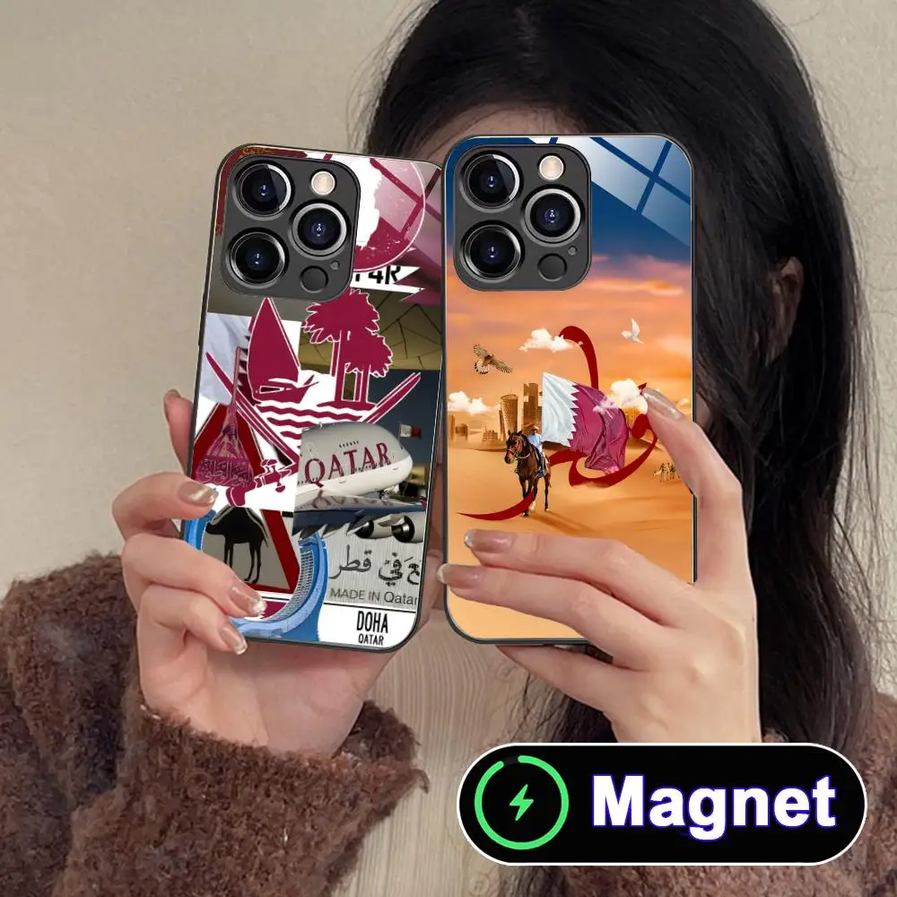 

Qatar Flag Glass MagSafe Mobile Phone Case for iPhone 17 16 15 14 13 12 11 Air Pro Max Plus Mini Colorful Cover