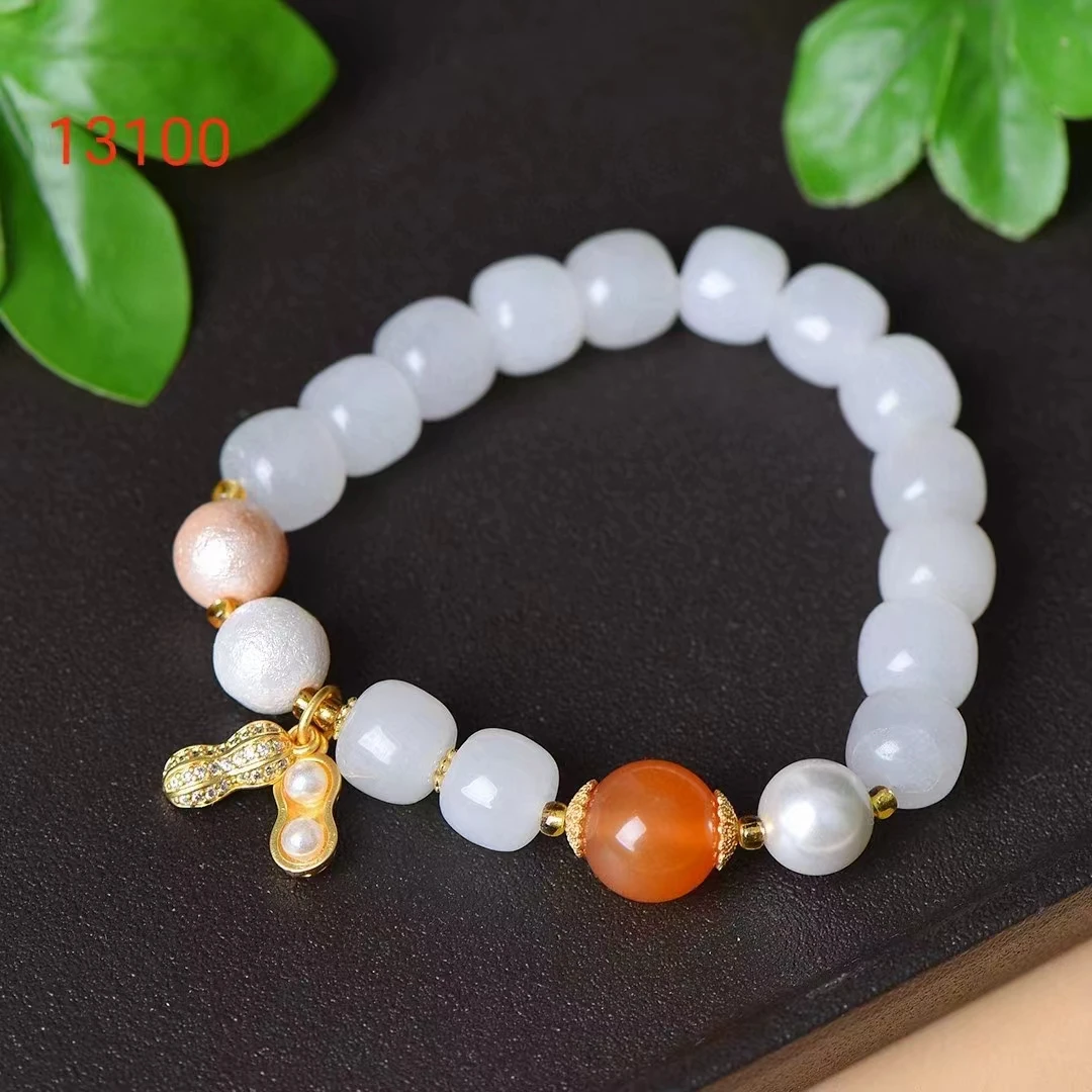 Golden Silk Jade Hand Chain White Apple Beads Natural Stone Elastic Bangle Exquisite Women Gemstone Bracelets Charms Jewelry