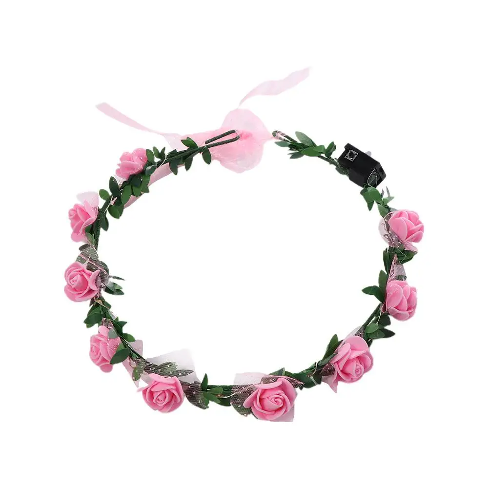 Elegant For Girls Headwear Foam Party Rose Flower Women Headwear Crown Flower Headband Wreath Decoration LED Light Garland