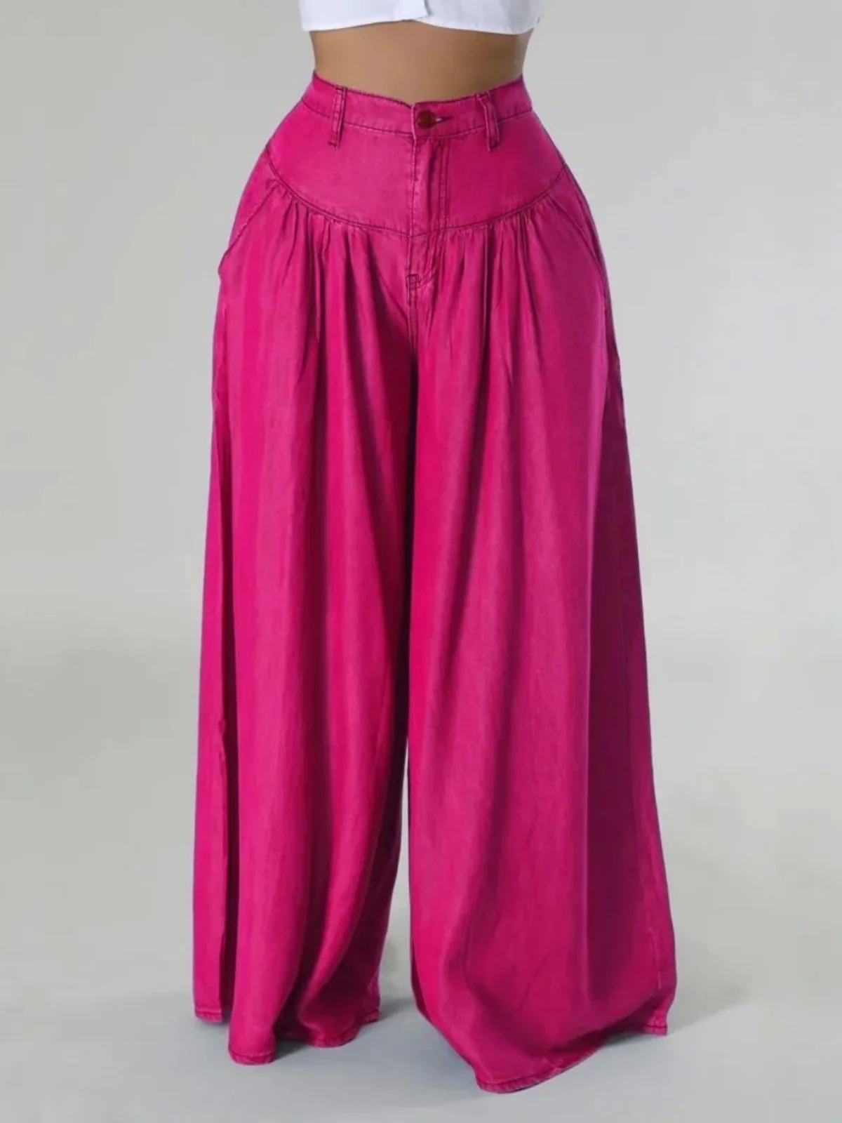 Vaqueros de Cintura Alta con Pierna Ancha, Plones de Estilo Urbano, Ajuste Hoado, Plones Largos, Vaqueros de Campan...