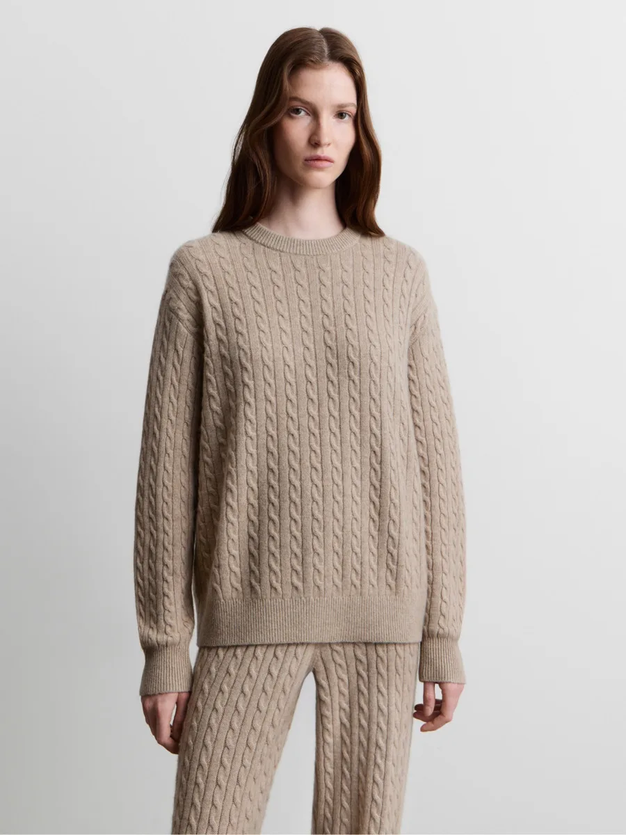 DFDG Women 2026 Spring Autumn Cable Knit Two Piece Outfit Long Open Cardigan Crew Neck Sweater Cuff Jogger Pants Knitted Suit
