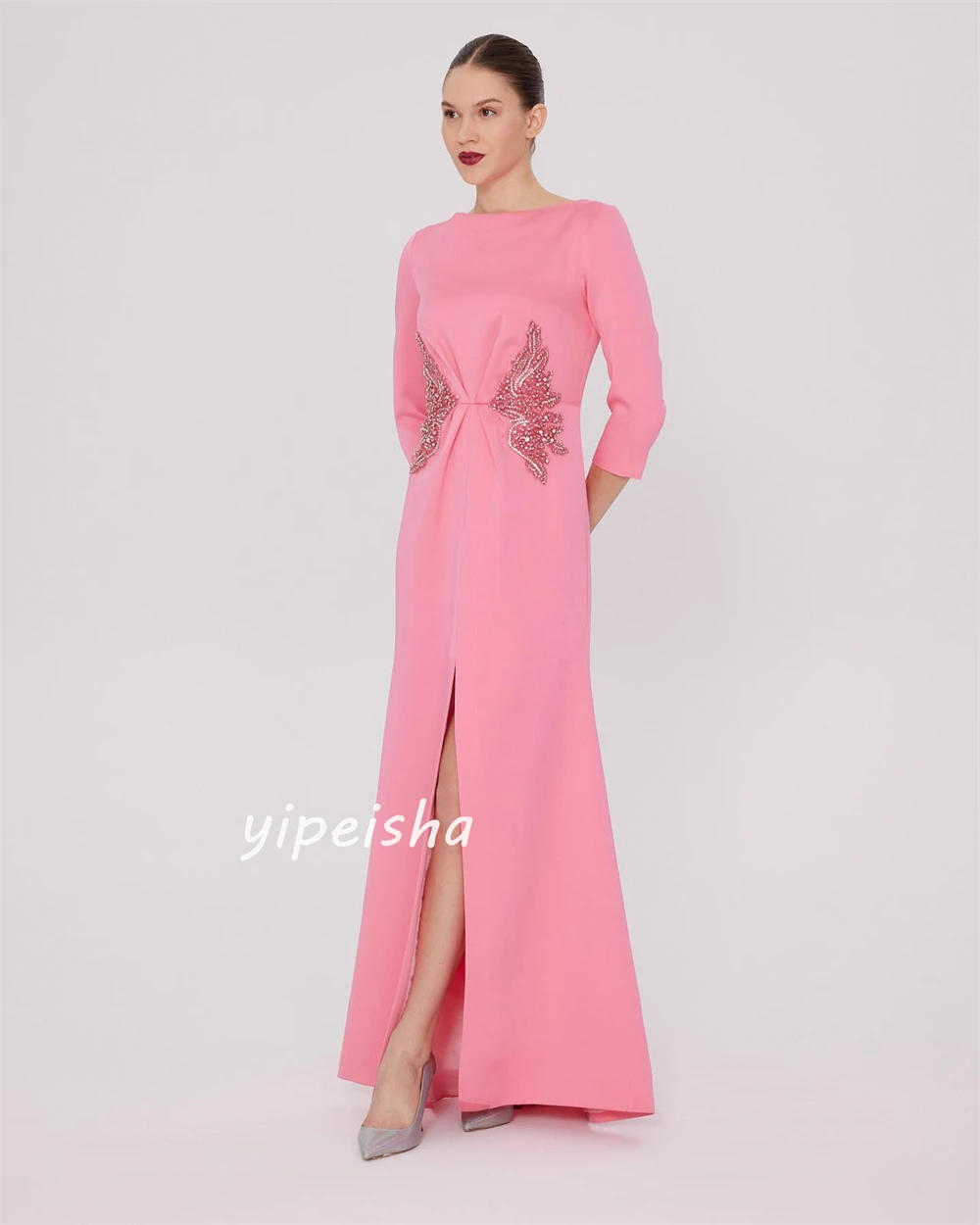 Jersey Sequined Beading Ruched Evening A-line High Collar Bespoke Occasion Gown Long Dresses