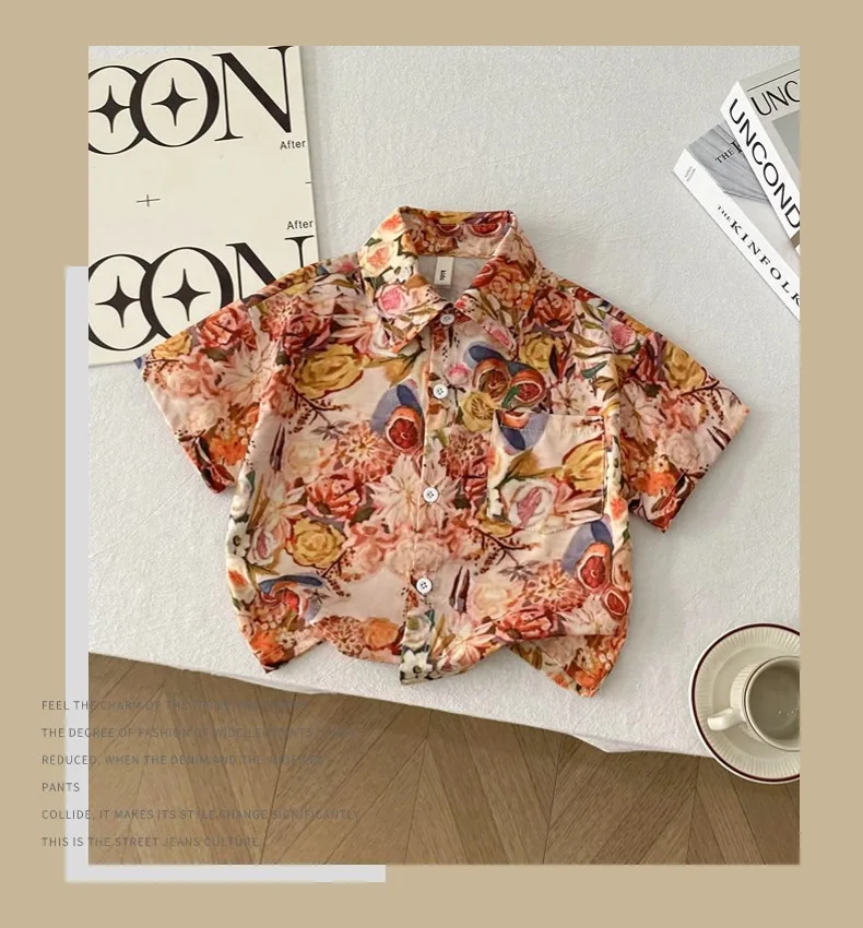 Boys Shirts Summer Short Sleeve Shirt Korean Casual Children Full Print Flower Shirt Half Sleeve Top Children Clothes Casual