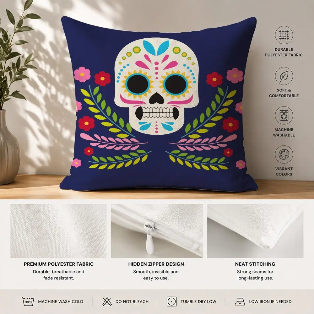 Mexico Easter Flower Skeleton Cushion Cover 40x40cm Square Decorative Sofa Cushion Cover Bedroom Living Room Home Decor Gift