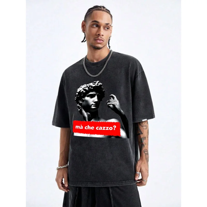 

Men's Washed Black T-Shirt with David Statue Print and Mà Che Cazzo Text, High Quality 100% Cotton 230g