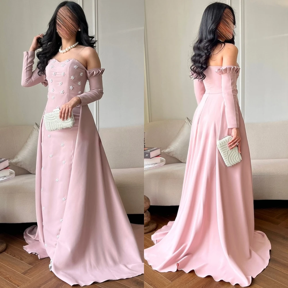 Customized Luxury Jersey Evening Dress Delicate Boat Neck Prom Dresses Temperament Long Sleeves Special Occasion Gowns