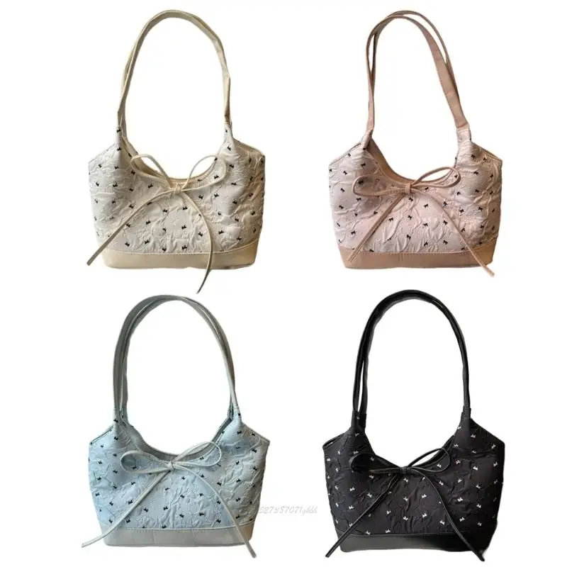 

X5XA Stylish Wrinkle Design Shoulder Bag Generous Storage Space Bows Decors Underarm Bags Lightweight Commuters Essential