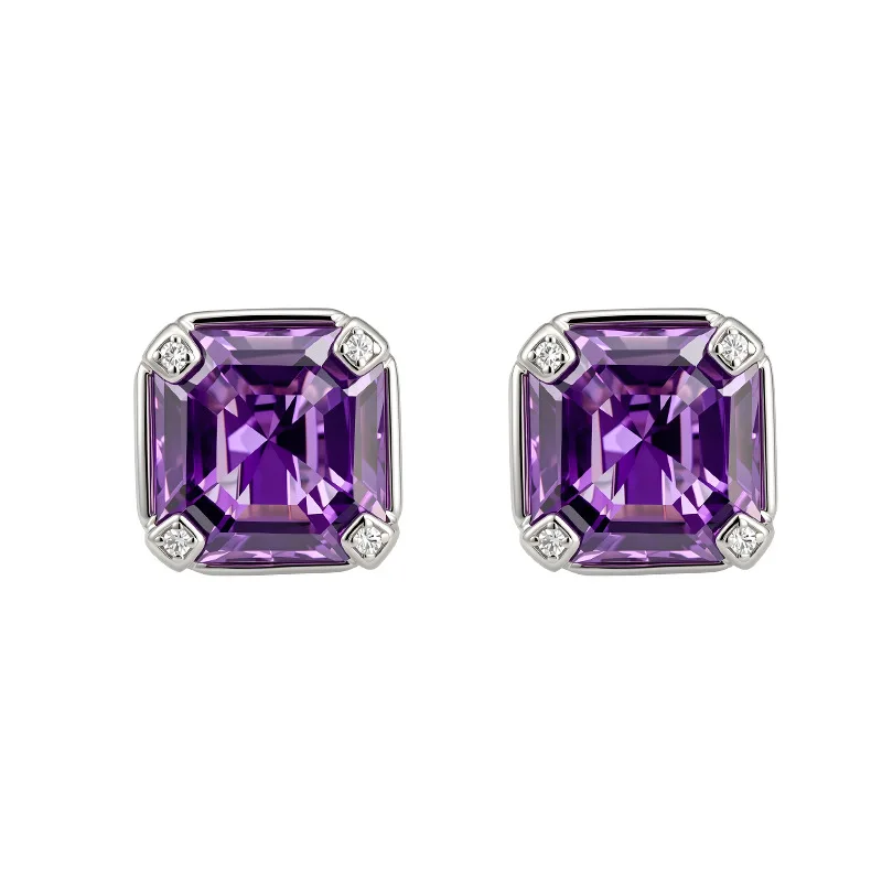 Natural Amethyst Gemstone Square Stud Earrings 925 Sterling Silver Minimalist Luxury Gala Daily Fine Jewelry Gift For Women