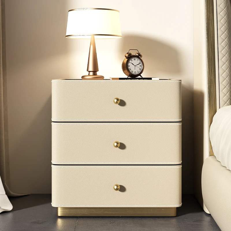 Light luxury bedside table, three-bucket , saddle leather, large flat-level bedroom, modern simple high-end high-end beds cabine