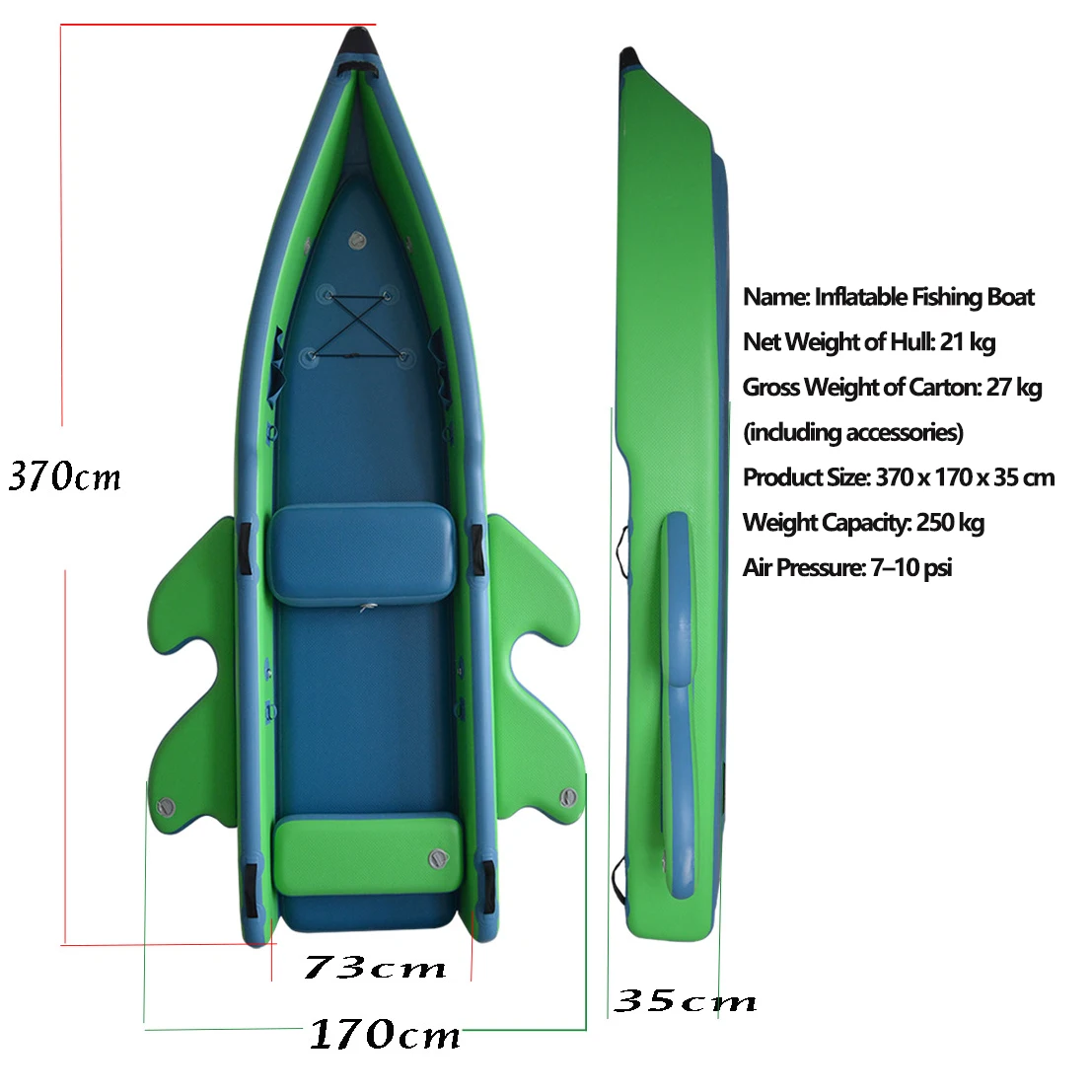 Durable 370cm PVC Inflatable Boat Set for River LUYA Fishing Wing Tip-over-resistant Canoe Load Capacity 250KG Paddleboards