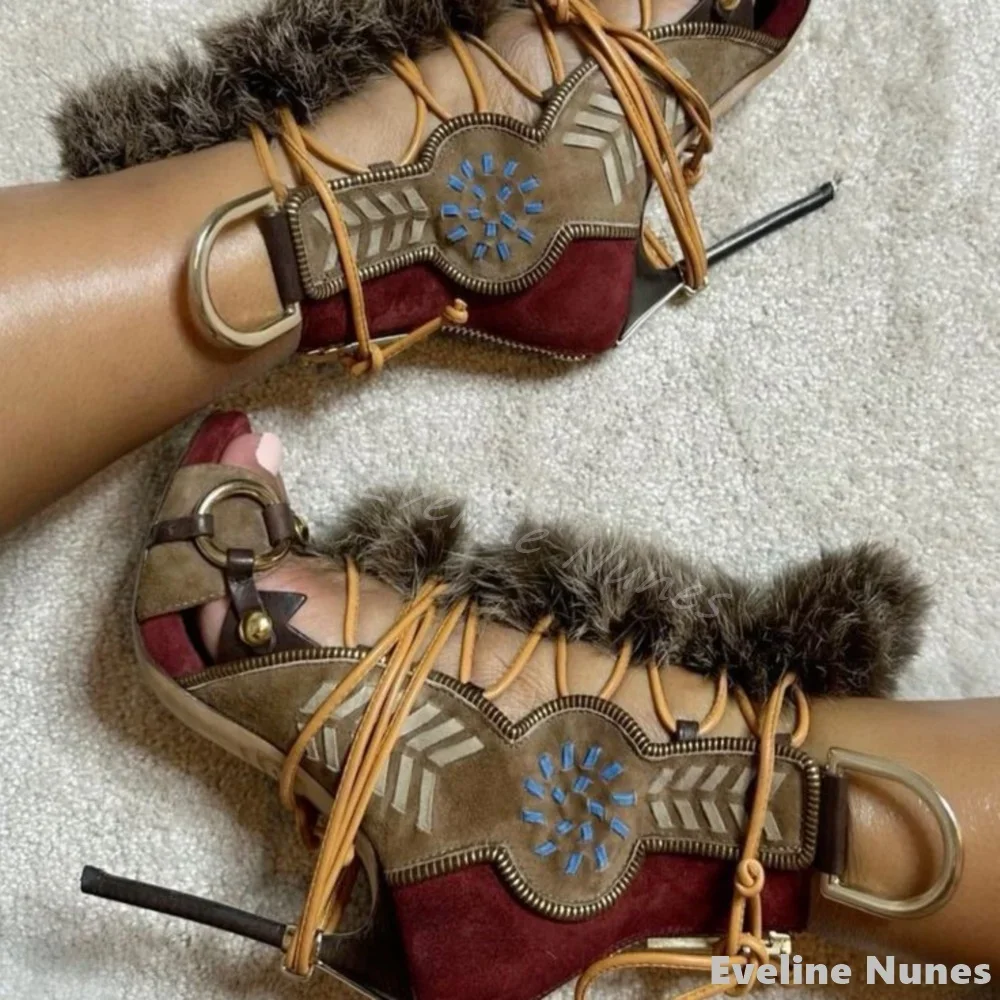 Strappy Mixed Colors Plush Sandals Women Open Toe Stiletto Heel Hollow Metal Buckle Retro Sandals 2025 Summer New Sexy High Heel