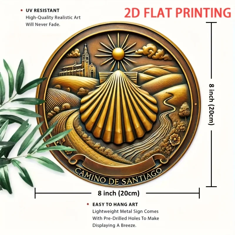 مسطح 2D، 2D مسطح 1 قطعة 20.32x20.32 سم لافتة قصدير مستديرة - مسار إسكندنافي بسيط إلى تصميم الحاج سانتياغو دي كومبسلاي -