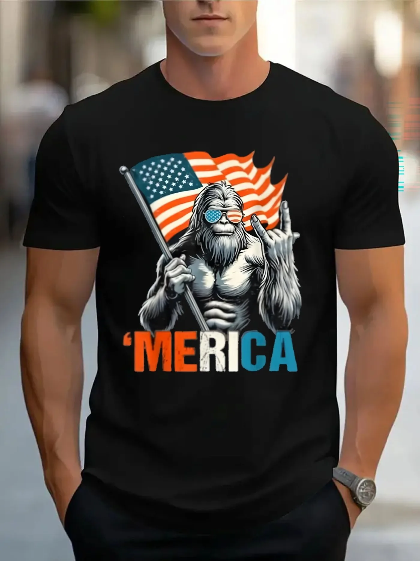 Mysterious Sasquatch Celebrates American Independence Day T-Shirt 100% Cotton O-Neck Short Sleeve Summer Casual Mens T-shirt