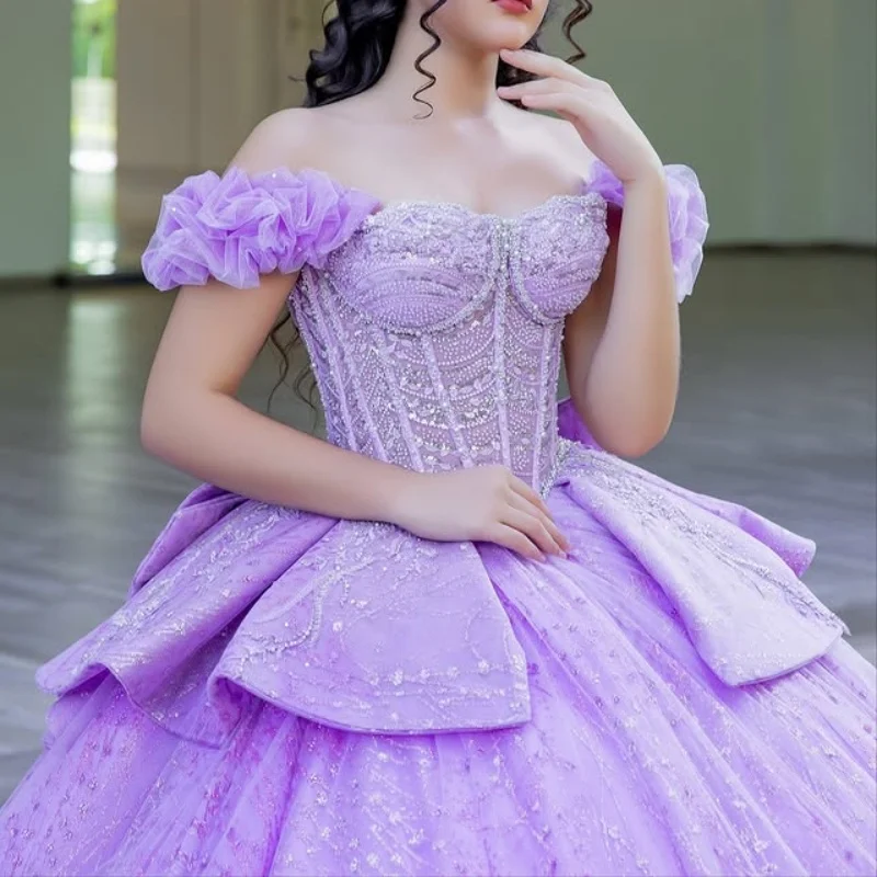 

Shiny Lavender Purple Quinceanera Dress off-shoulder Glitter crystal Decal Vestidos De 15 Quinceanera ﻿Customize