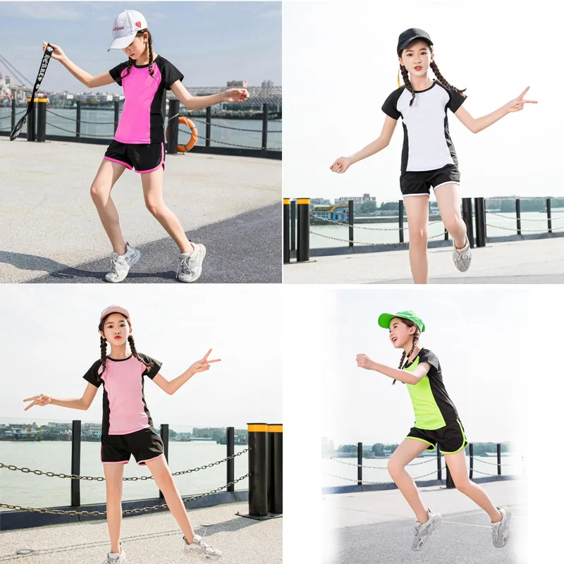 set kidsren's running quick-drying sportswear medium and large kidsren's fitness clothing girls spring and summer short sleeves