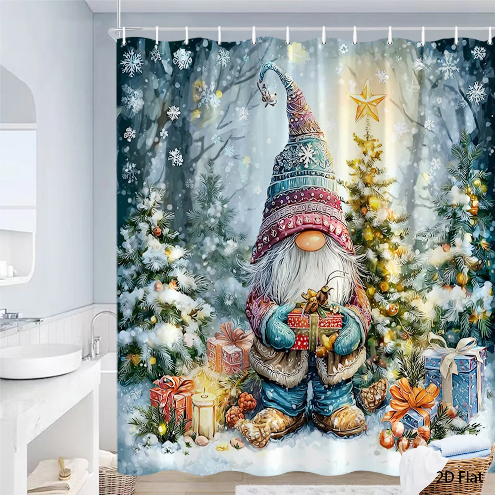 1pc a 2D Flat Christmas Gnome Shower Curtain Featuring Snowflakes And Gifts, Perfect for Festive Winter Decoration