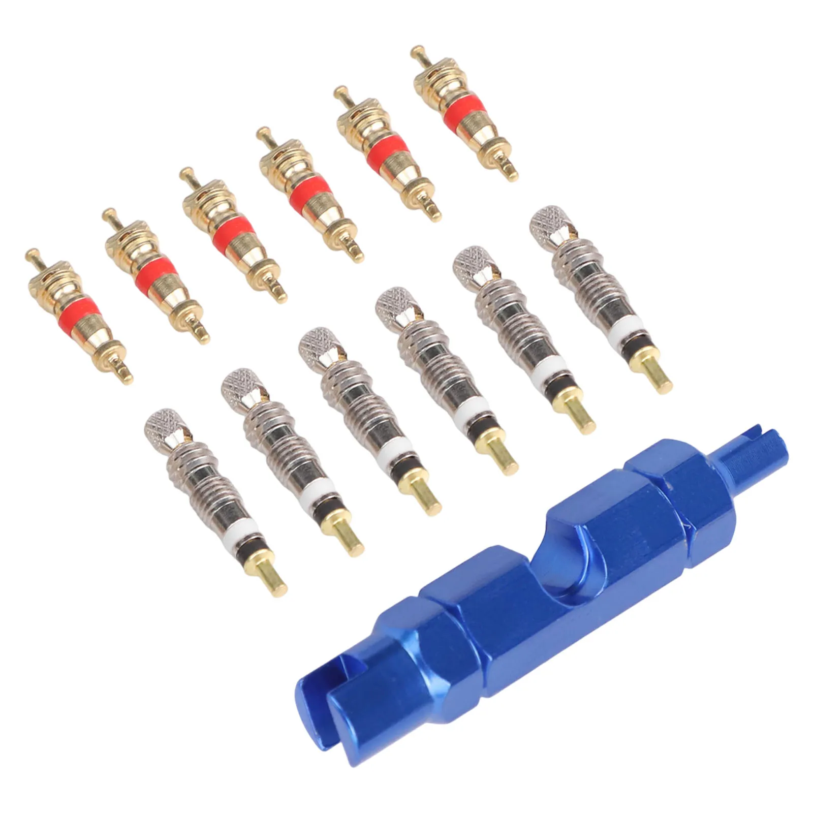 

Набор инструментов для снятия/установки вентилей (13 предметов) для французских ниппелей, для ремонта шин горных велосипедов и замены вентилей.