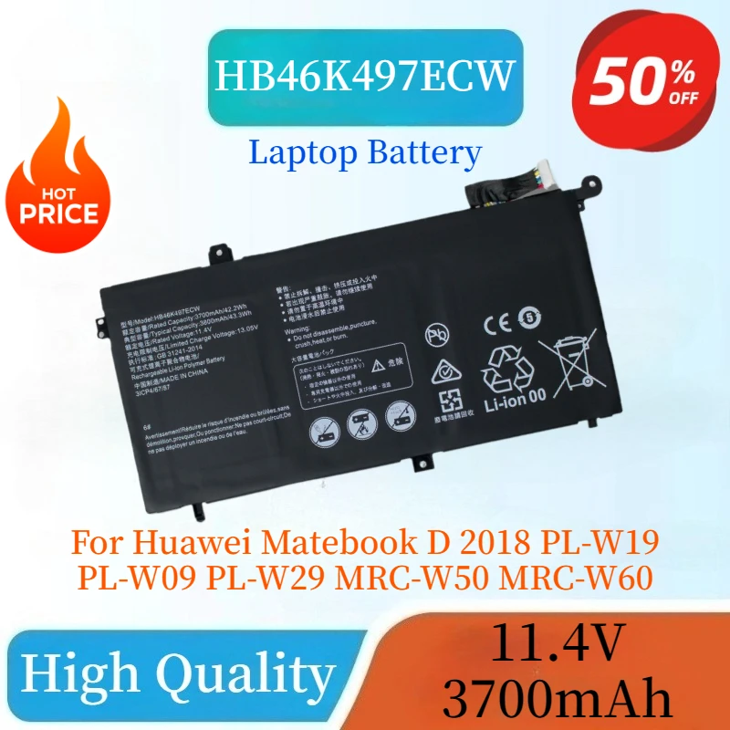

High Quality HB46K497ECW 11.4V 3700mAh Laptop Battery For Huawei Matebook D 2018 PL-W19 PL-W09 PL-W29 MRC-W50 MRC-W60 MRC-W70