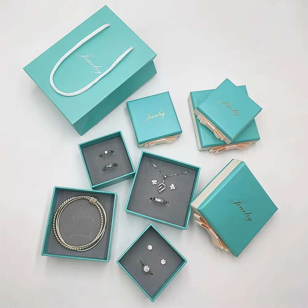 

12pcs Handmade Aqua Contrast Color Jewelry Packaging Box with Bow Wedding Party Birthday Snack Cookie Candy Cake Boxes Paper Bag