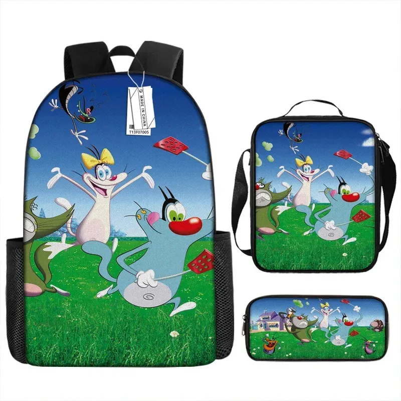 Oggy et les cafards Mochila escolar Bolsa de almoço Estojo de lápis Presente para crianças Estudantes