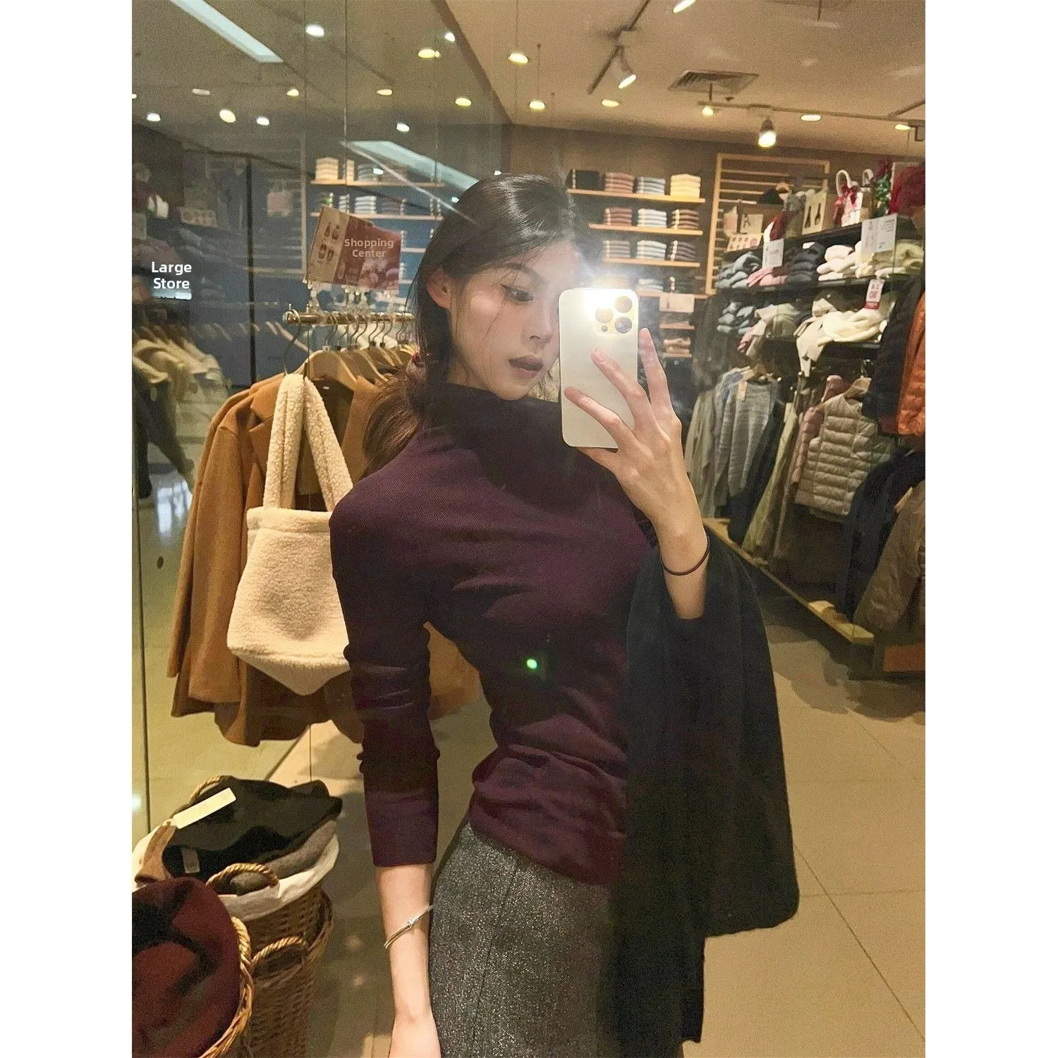 Warm Purple Knitted Sweater Women's Autumn Winter Half High Collar Layering Top Inner Wear Outer Wear Comfortable Fleece Long...