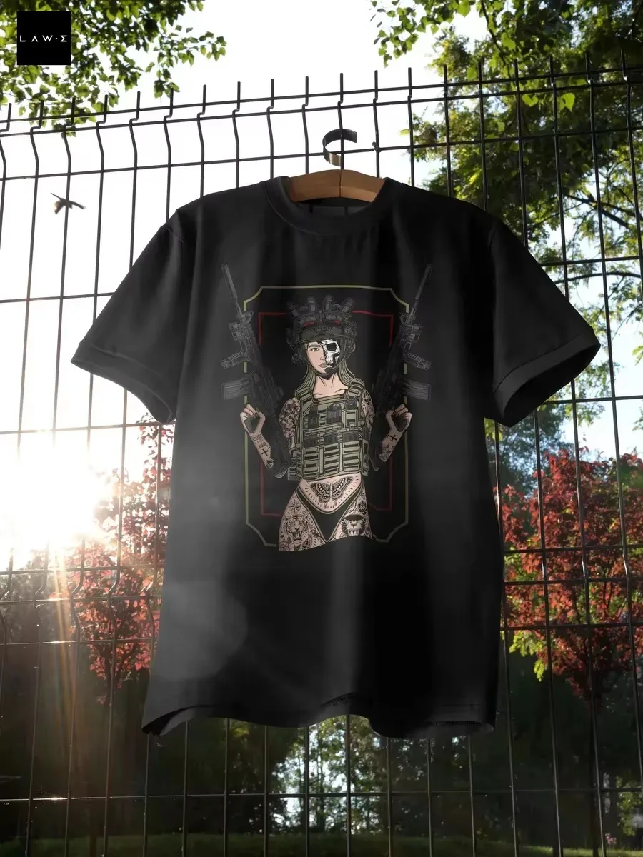 2026 Men Gothic Skull Warrior Girl Graphic T Shirt Dark Art Print Short Sleeve Streetwear Tee Tops