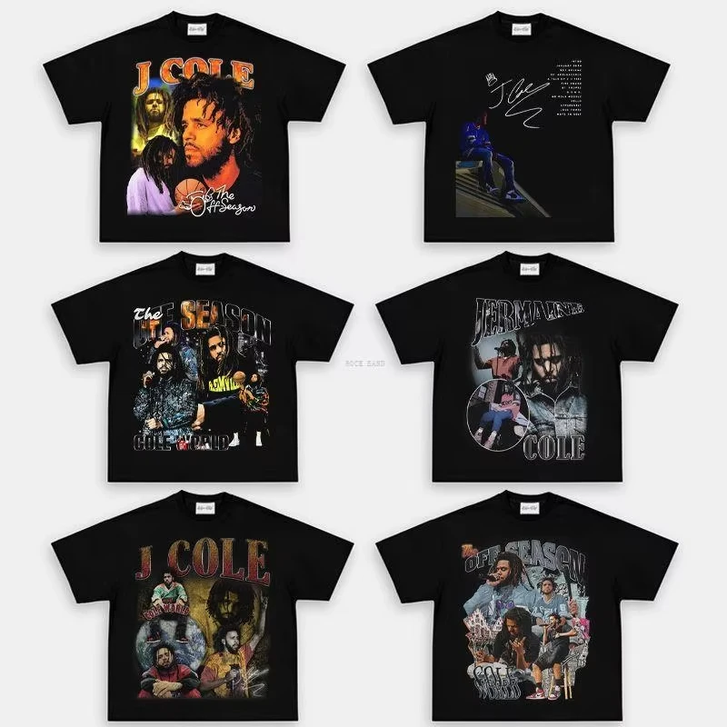 

J. Cole American Rap Vintage Old Print Rock Hip Hop Trend Brand Summer Loose Short Sleeve T-Shirt Burst