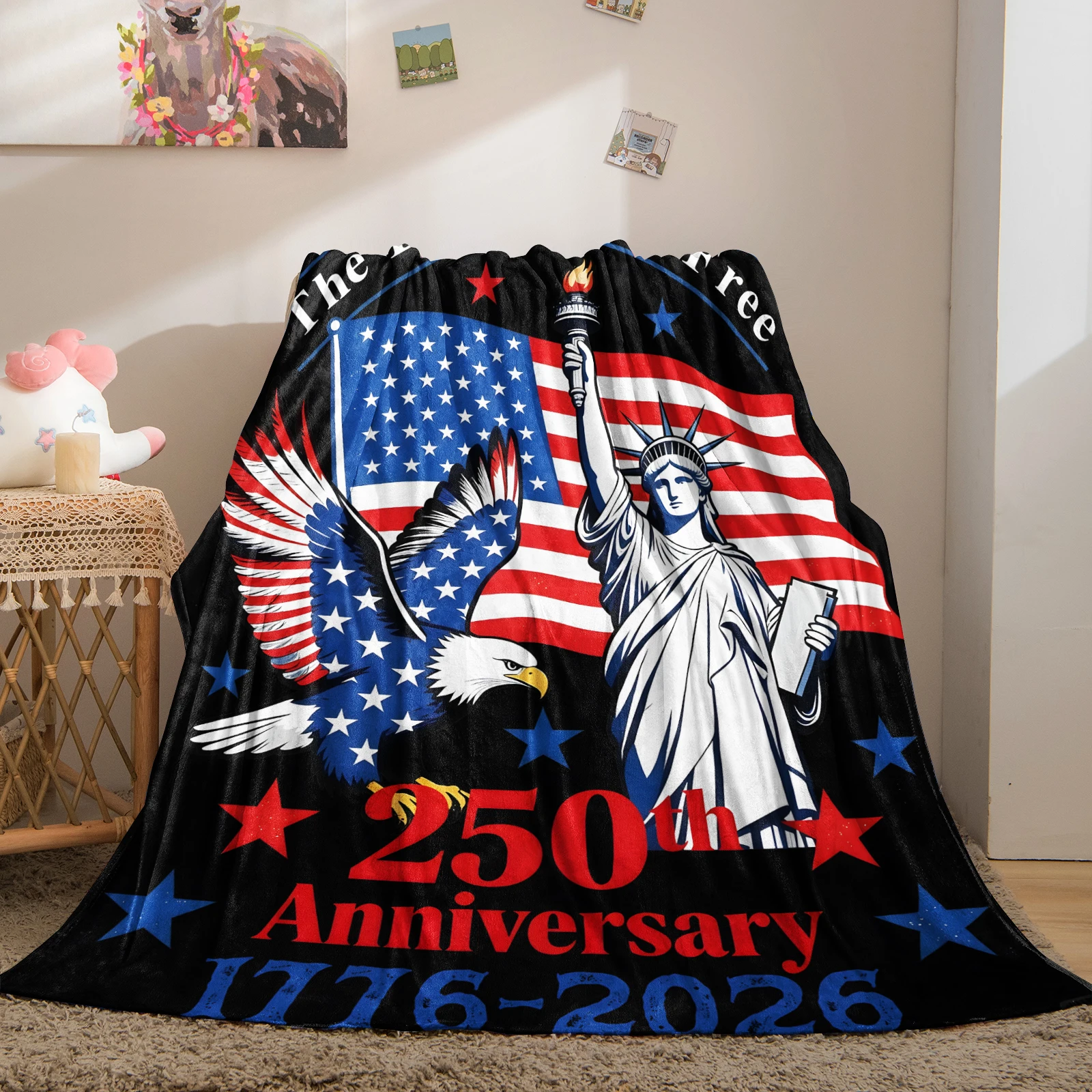 USA 250th Anniversary Blanket American Eagle Statue of Liberty US Flag Flannel Throw Blanket Super Soft Warm Sofa Bed Blanket