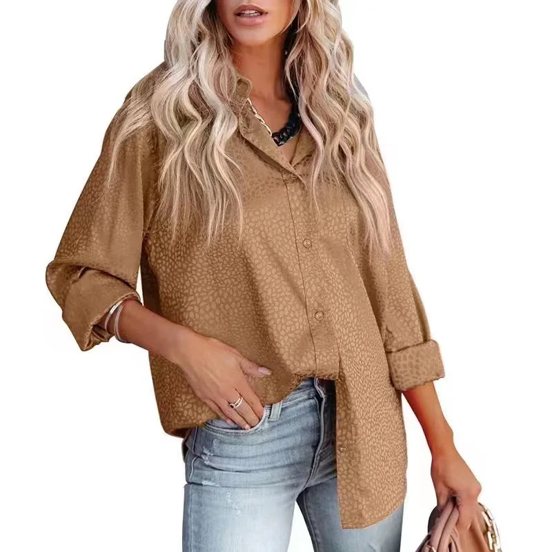 

Leopard Print Jacquard Shirt Turn-down Collar Open Button Elegant Long Sleeve Shirt New European and American Women's Fashion Sp