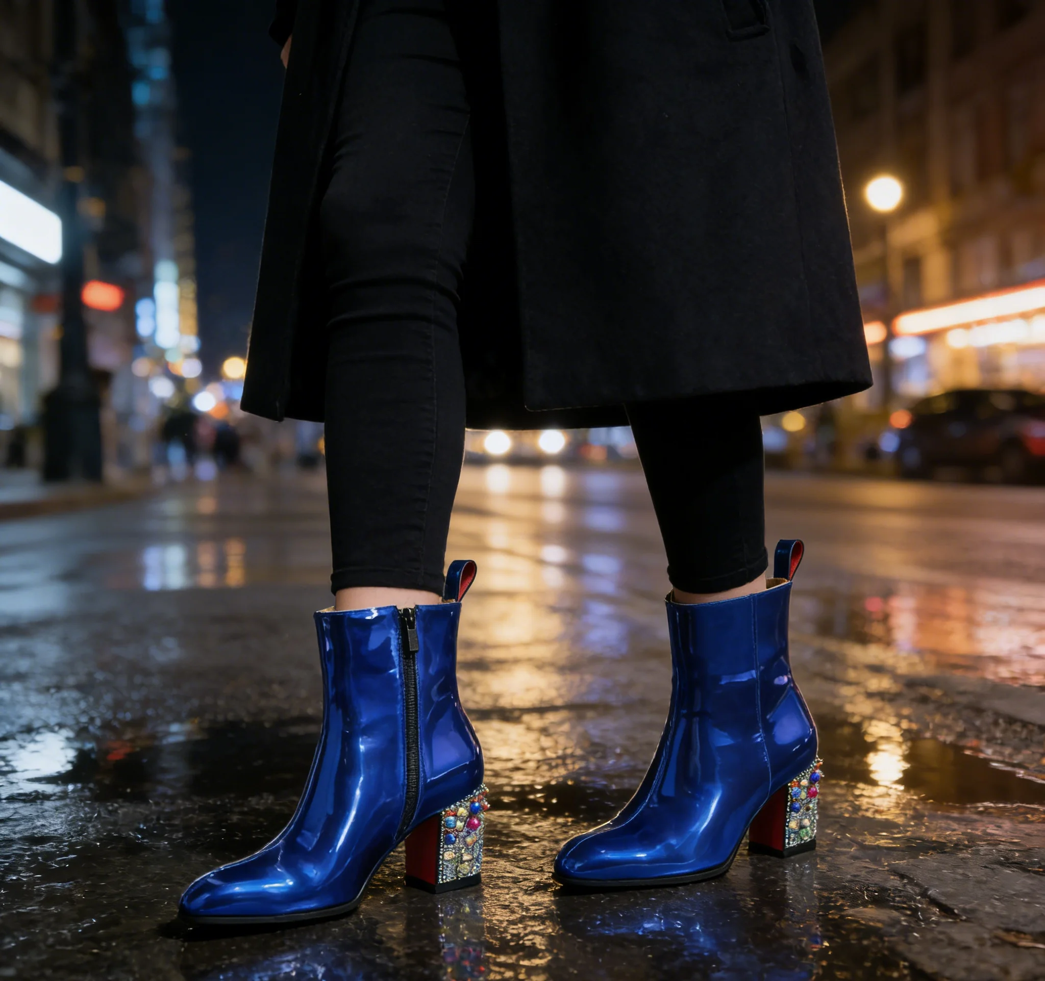Blue Patent Leather Red Sole Men's Boots Modern Stylish Ankle Boats Autumn Winter 2026 Colorful Rhinestones Square Heel Fashion